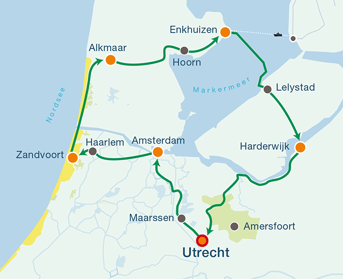 Übersichtskarte Radroute Dünen und Grachten in Holland