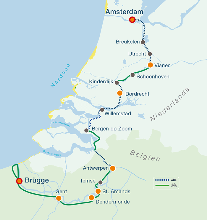 Übersichtskarte Route zwischen Amsterdam und Brügge