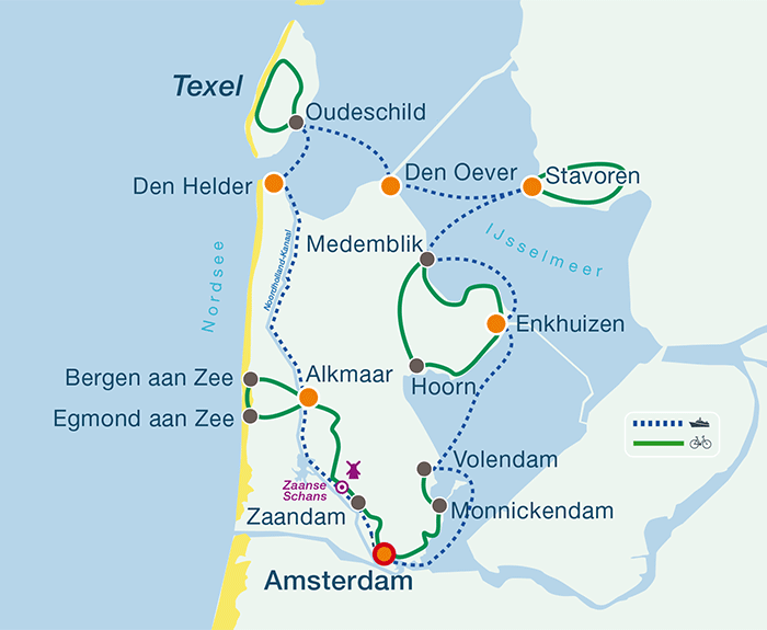 Übersichtskarte Nordroute Holland mit Rad und Schiff